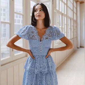 EUC Self Portrait of Camelia Blue Lace Tiered Mini Dress US 4